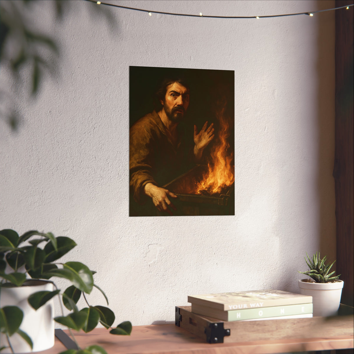 Man gripping the edge of a burning dumpster with one hand raised. Self-Portrait at 3:40 AM by Garabaggio, fine art print hanging in a room.