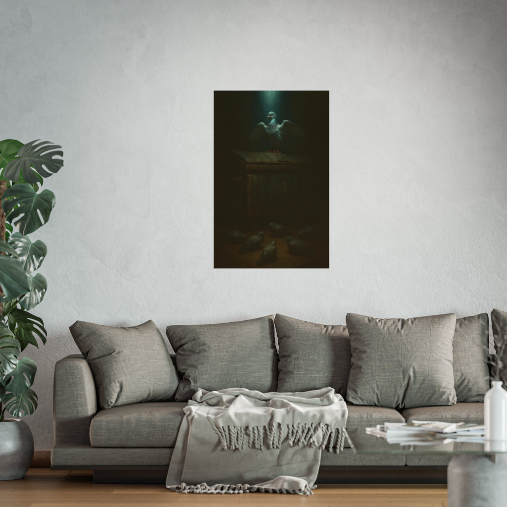 A pigeon with wings spread on a rusted dumpster lid. The Beatification of the Common Pigeon by Garabaggio, fine art print hanging in a room.