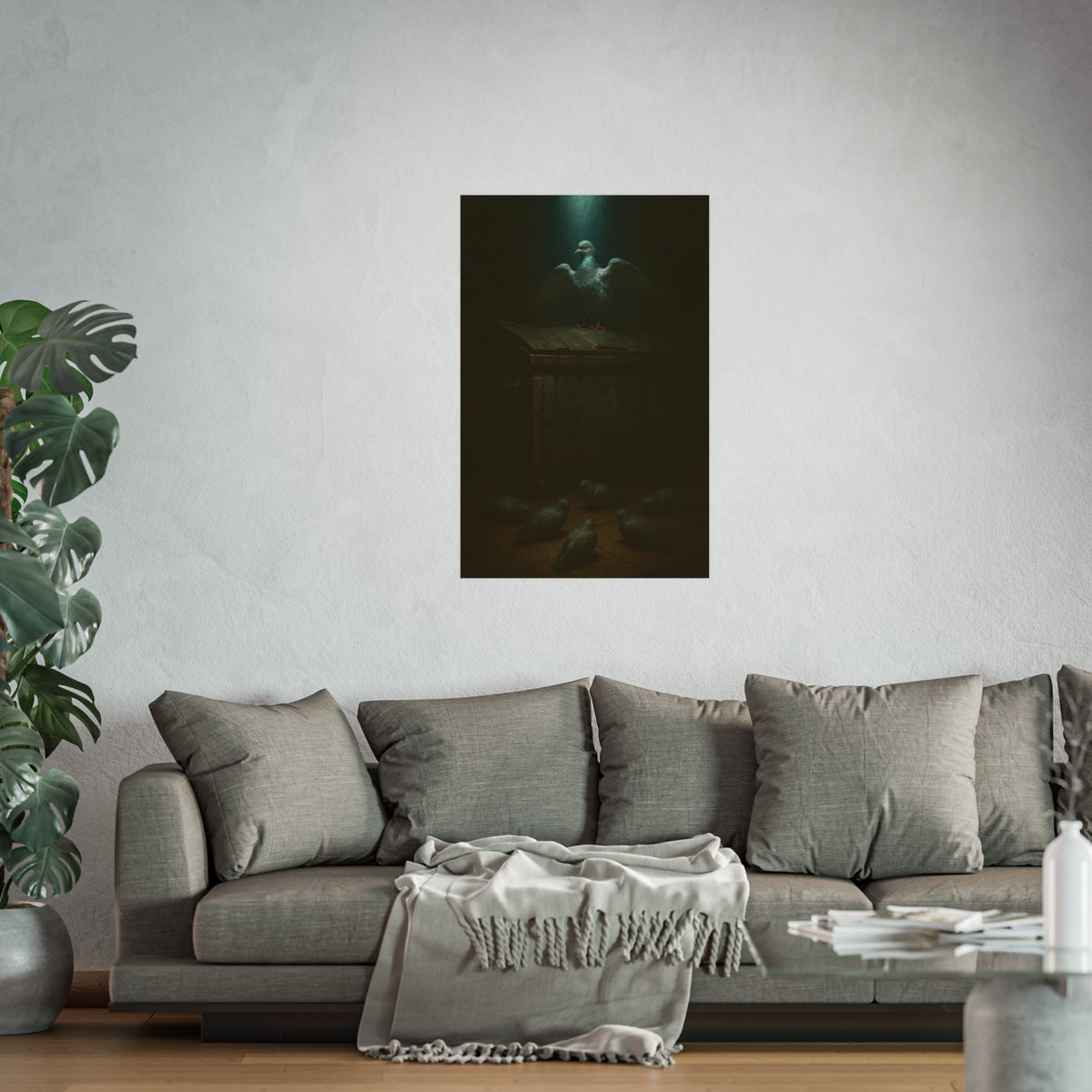 A pigeon with wings spread on a rusted dumpster lid. The Beatification of the Common Pigeon by Garabaggio, fine art print hanging in a room.