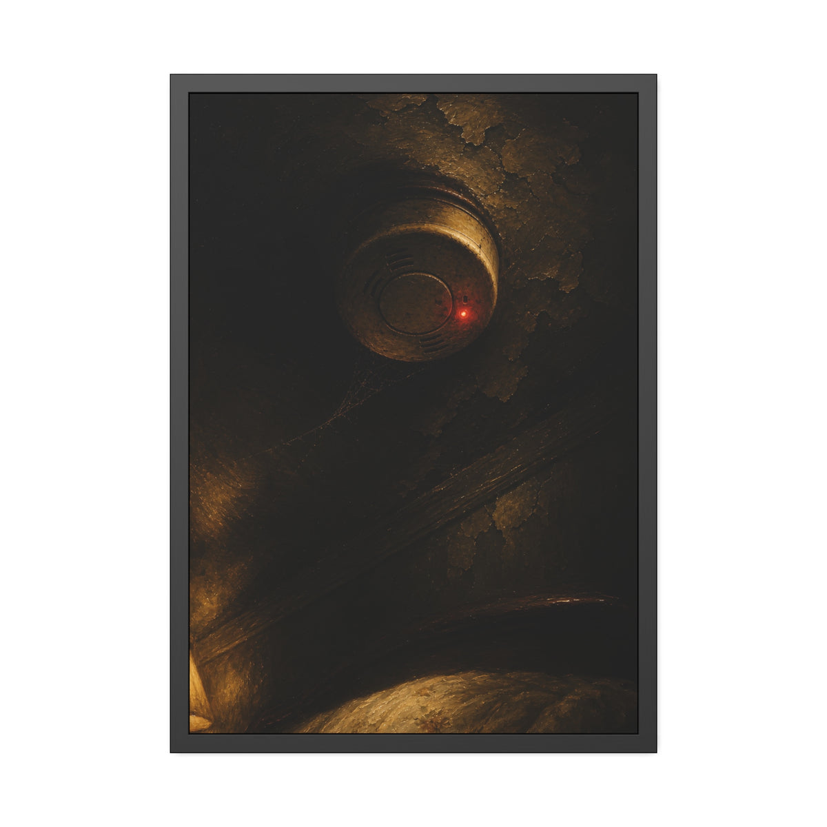 A smoke detector on a stained ceiling, its red light on, cobweb below. The Watch Above Sleep by Garabaggio, framed fine art print, 28″ x 40″.