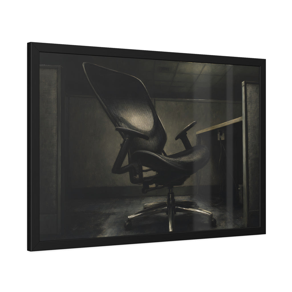 An office chair tilted back in an empty cubicle under one ceiling light. The Ergonomic Chair, Unlocked by Garabaggio, framed fine art print hanging in a room.