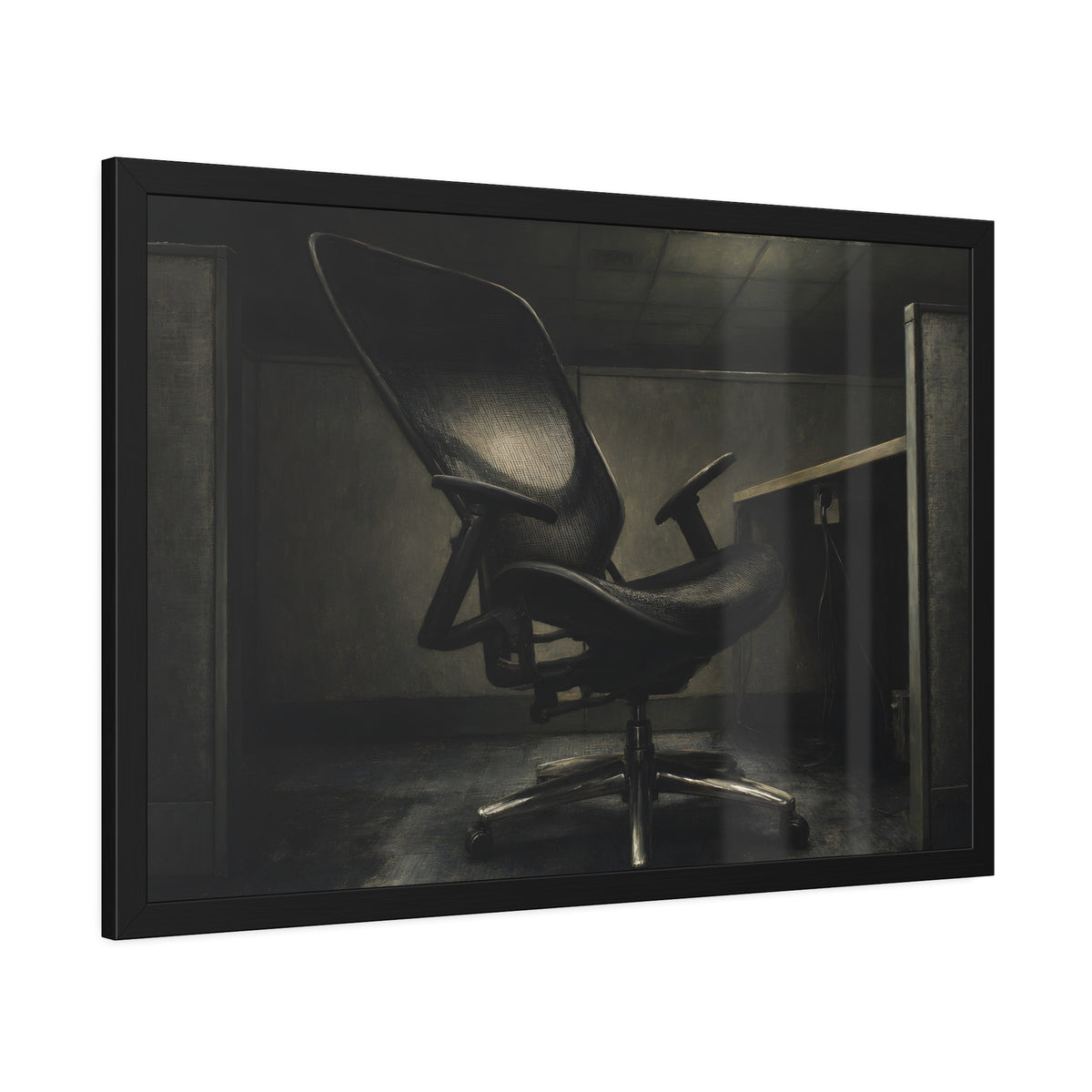 An office chair tilted back in an empty cubicle under one ceiling light. The Ergonomic Chair, Unlocked by Garabaggio, framed fine art print hanging in a room.