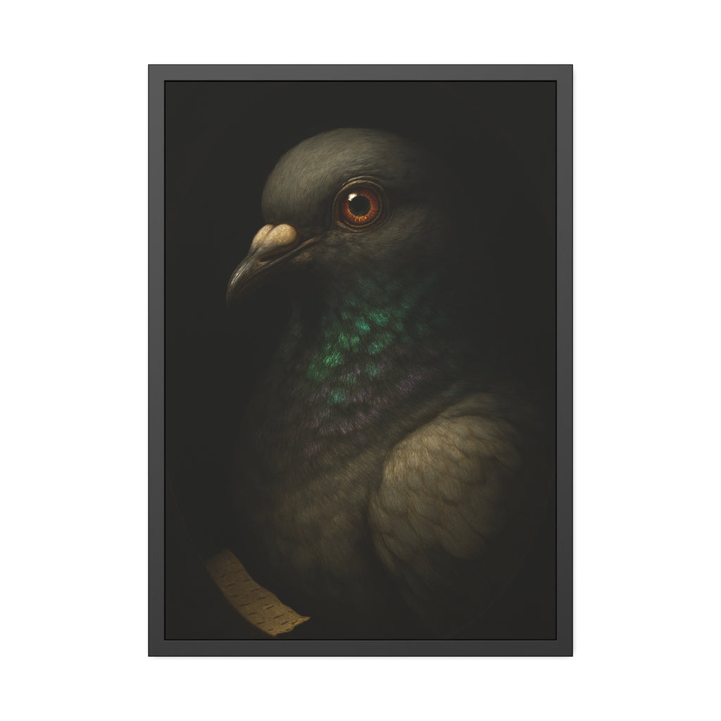 Close portrait of a pigeon with an iridescent green throat. Study of the Holy Messenger, No. 1 by Garabaggio, framed fine art print hanging in a room.