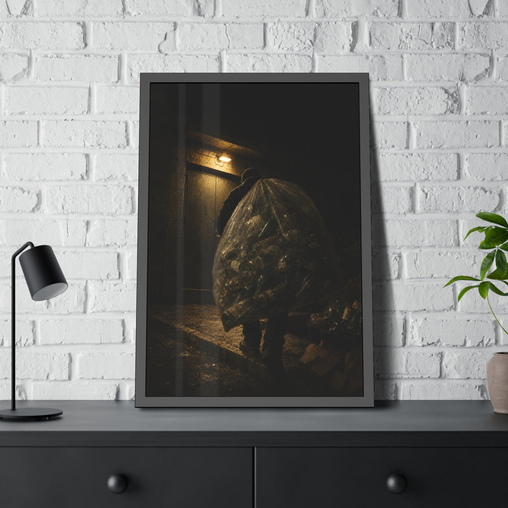 A man carrying a huge bag of bottles past a lit doorway at night. The Bag Carried Before Dawn by Garabaggio, framed fine art print hanging in a room.