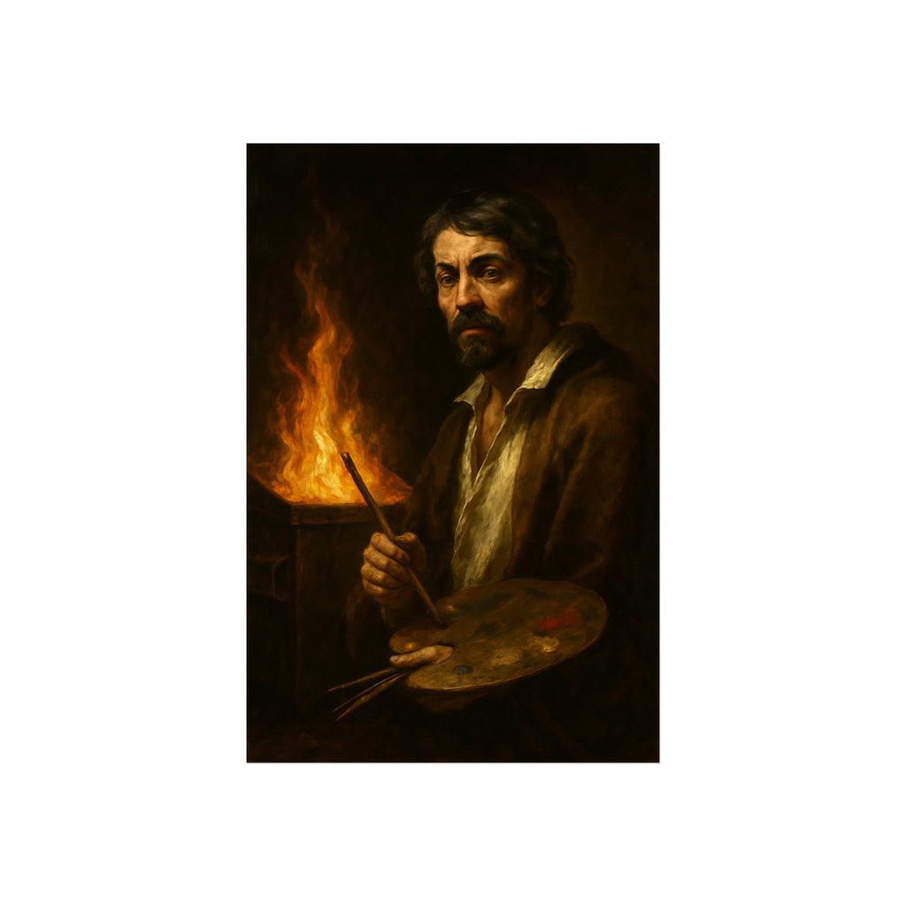 Man holding a palette and brushes, a fire behind him. Self-Portrait with Palette (After Caravaggio) by Garabaggio, fine art print hanging in a room.