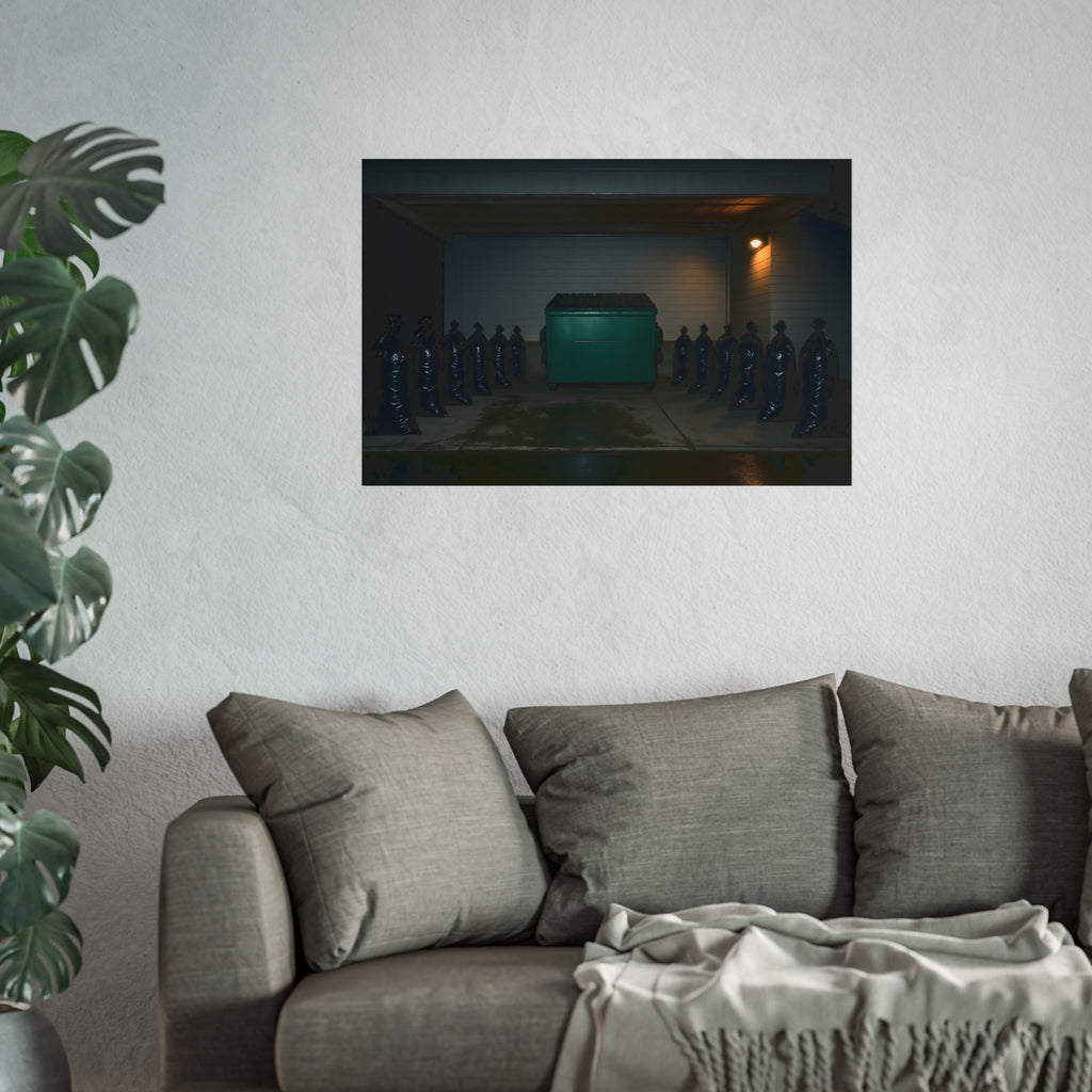 A green dumpster flanked by rows of black garbage bags under a lamp. Night Watch of the Loading Dock by Garabaggio, fine art print hanging in a room.