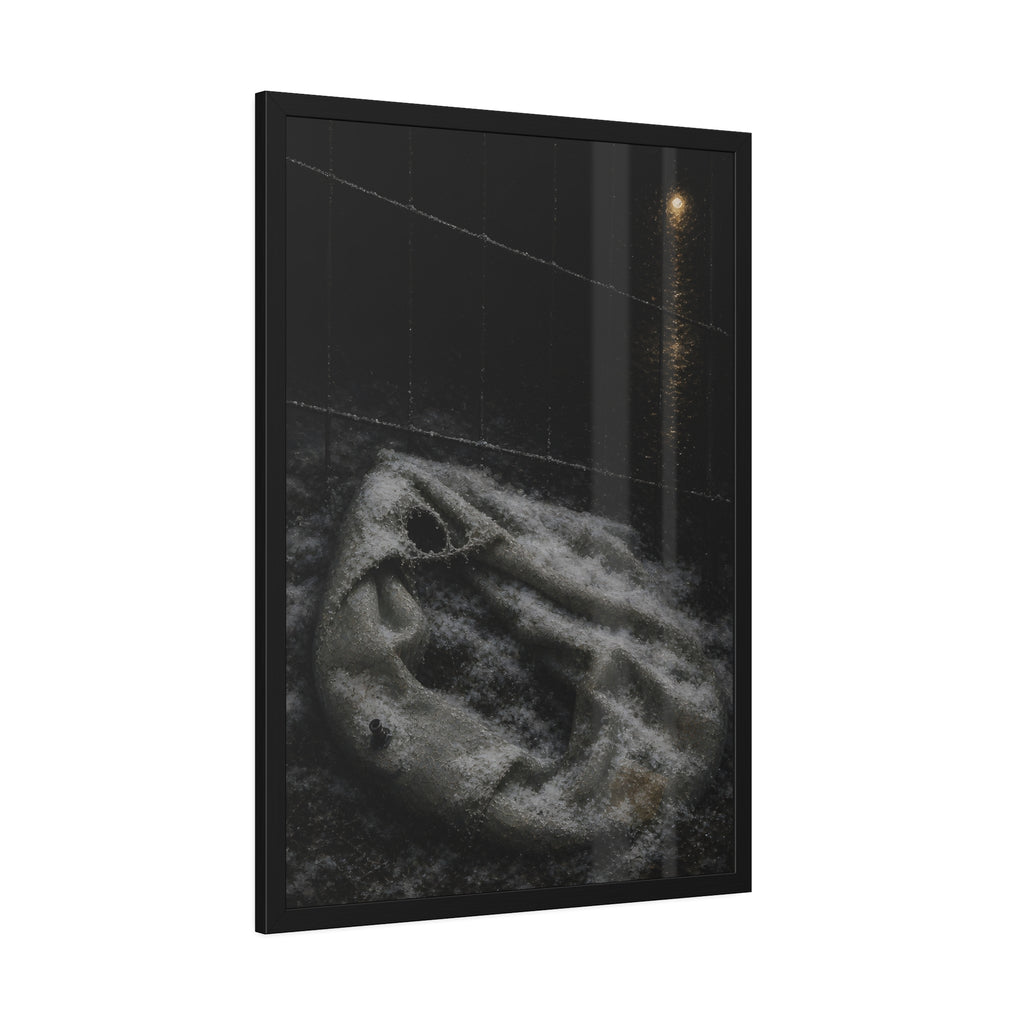 A deflated pool float under snow beside a chain link fence at night. The Bleaching Under Snow by Garabaggio, framed fine art print hanging in a room.