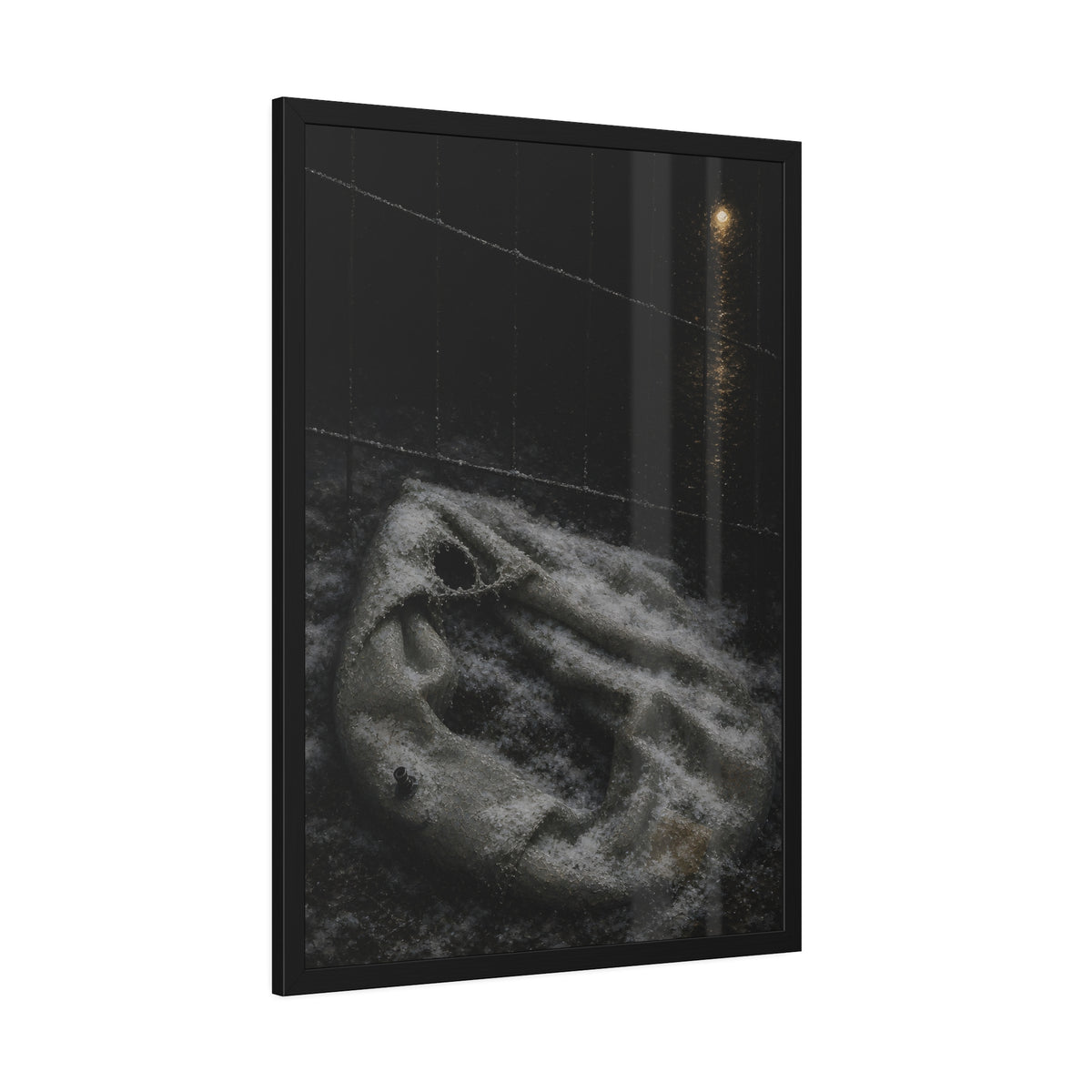A deflated pool float under snow beside a chain link fence at night. The Bleaching Under Snow by Garabaggio, framed fine art print hanging in a room.