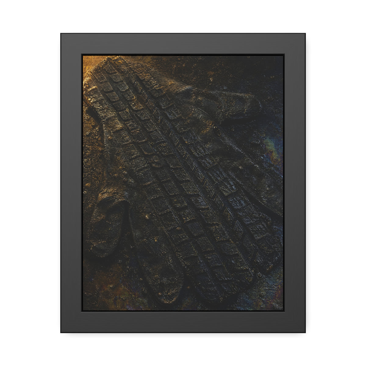 A flattened work glove on asphalt with a tire tread pressed across it. The Passage of the Wheel by Garabaggio, framed fine art print, 11″ x 14″.