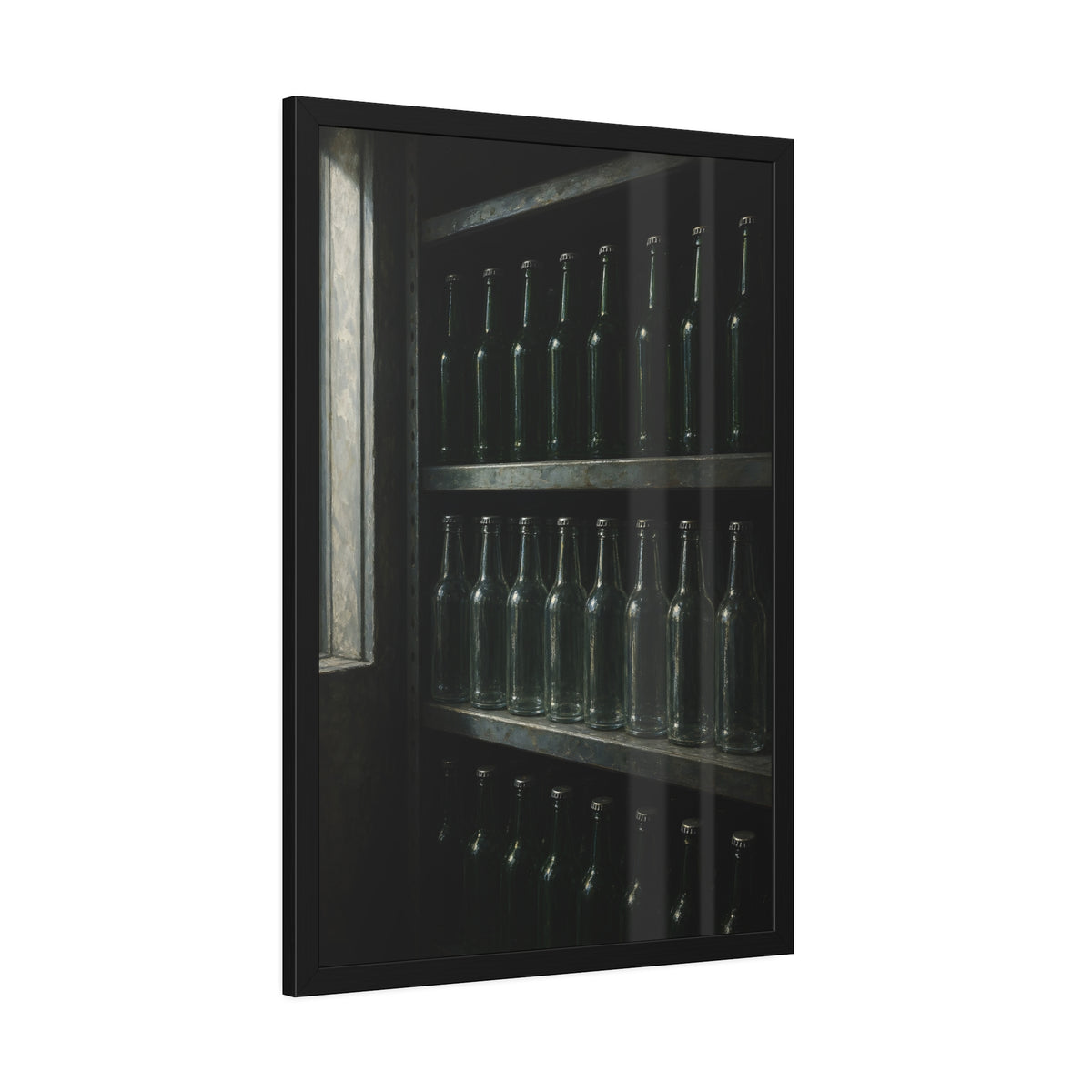 Rows of empty bottles on dim metal shelves, green above and clear below. The Shelf of New Bottles by Garabaggio, framed fine art print hanging in a room.