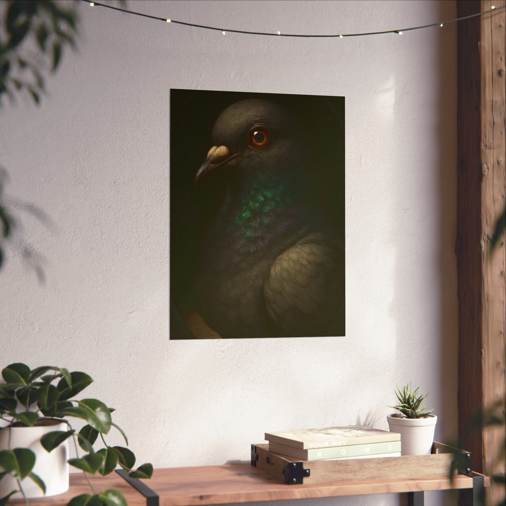Close portrait of a pigeon with an iridescent green throat. Study of the Holy Messenger, No. 1 by Garabaggio, fine art print hanging in a room.