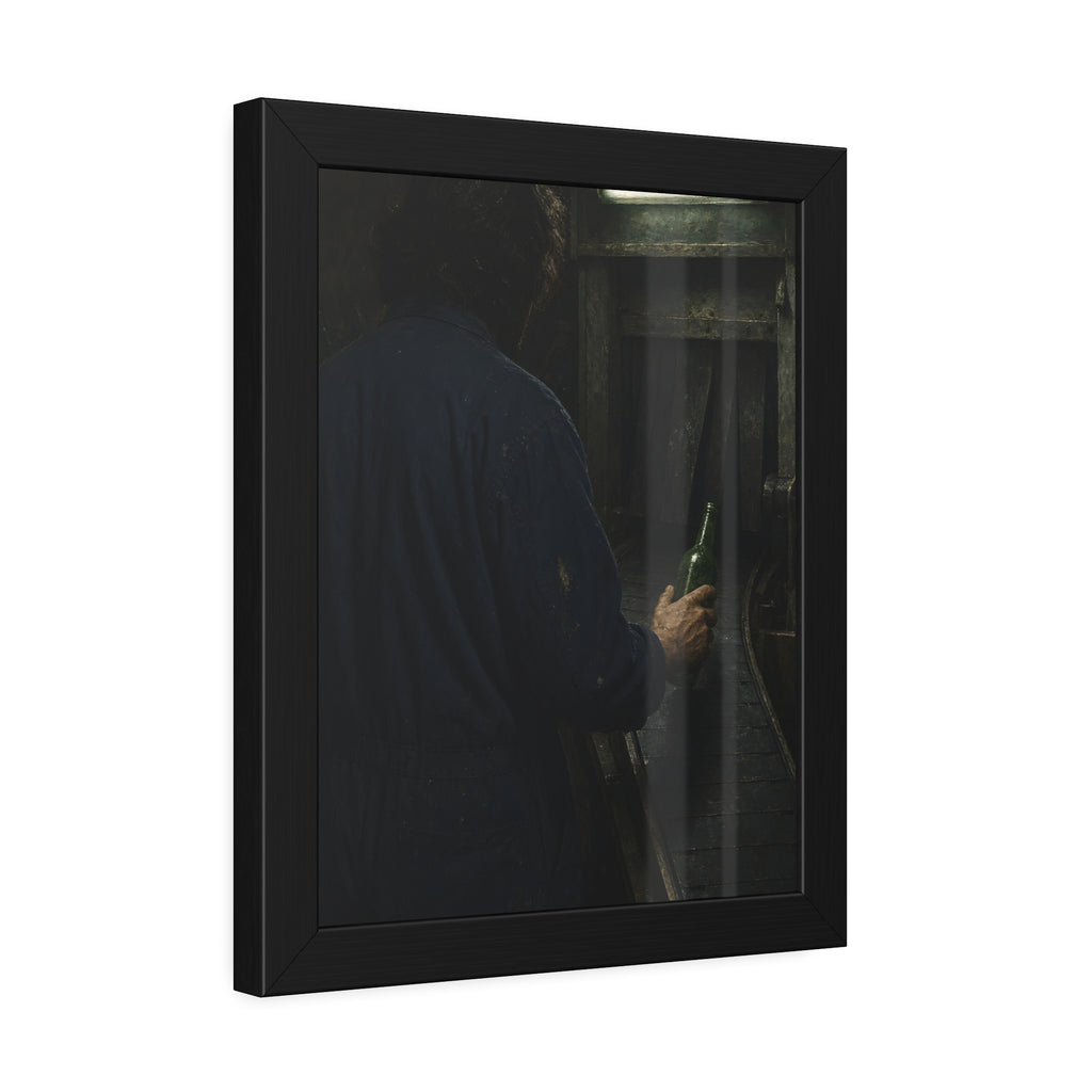 A man in coveralls sets a green bottle on a conveyor under a strip light. Garabaggio at the Conveyor by Garabaggio, framed fine art print hanging in a room.