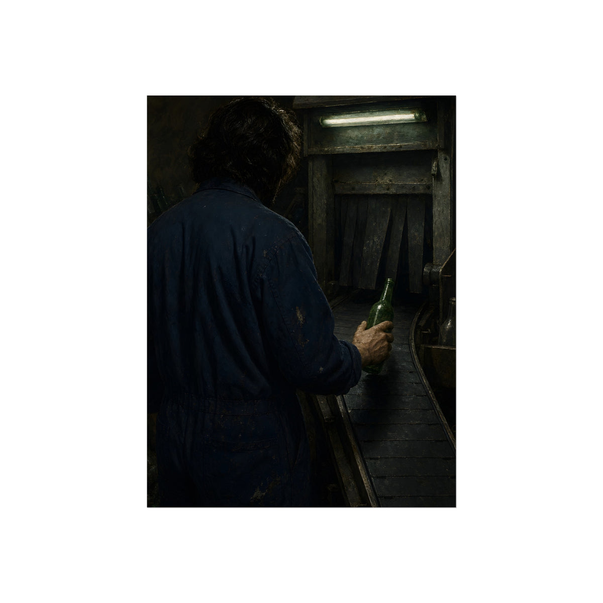 A man in coveralls sets a green bottle on a conveyor under a strip light. Garabaggio at the Conveyor by Garabaggio, fine art print, 12″ x 16″.