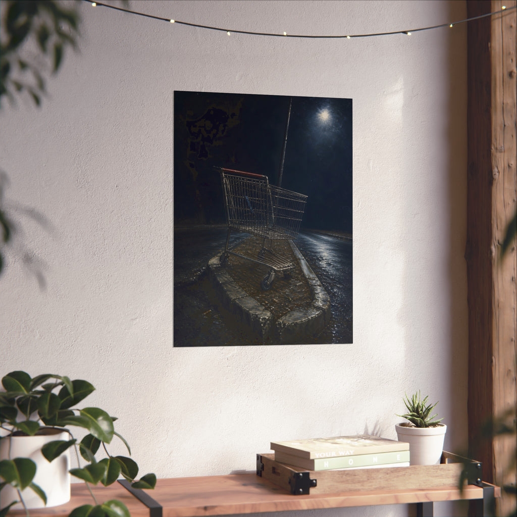 A shopping cart stranded on a stone median under a streetlight. The Crossing of the Median by Garabaggio, fine art print hanging in a room.