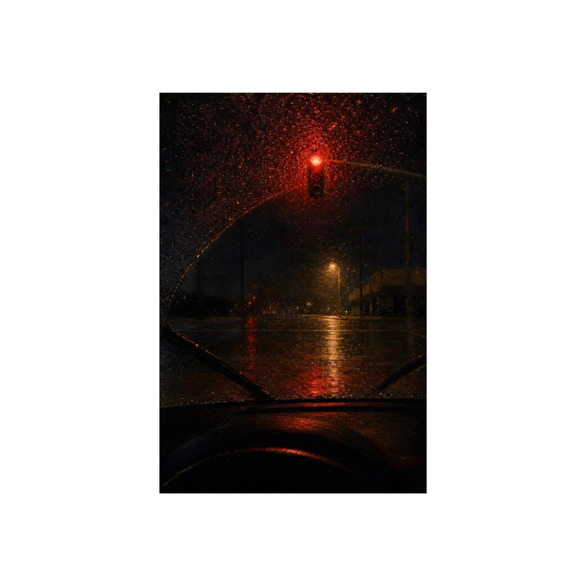 A red traffic light seen through a rain beaded windshield at night. The Windshield at the Red Light by Garabaggio, fine art print, 24″ x 36″.