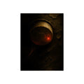 A dusty smoke detector on a peeling ceiling with its red light on. The First Red Blink by Garabaggio, fine art print, 12″ x 16″.