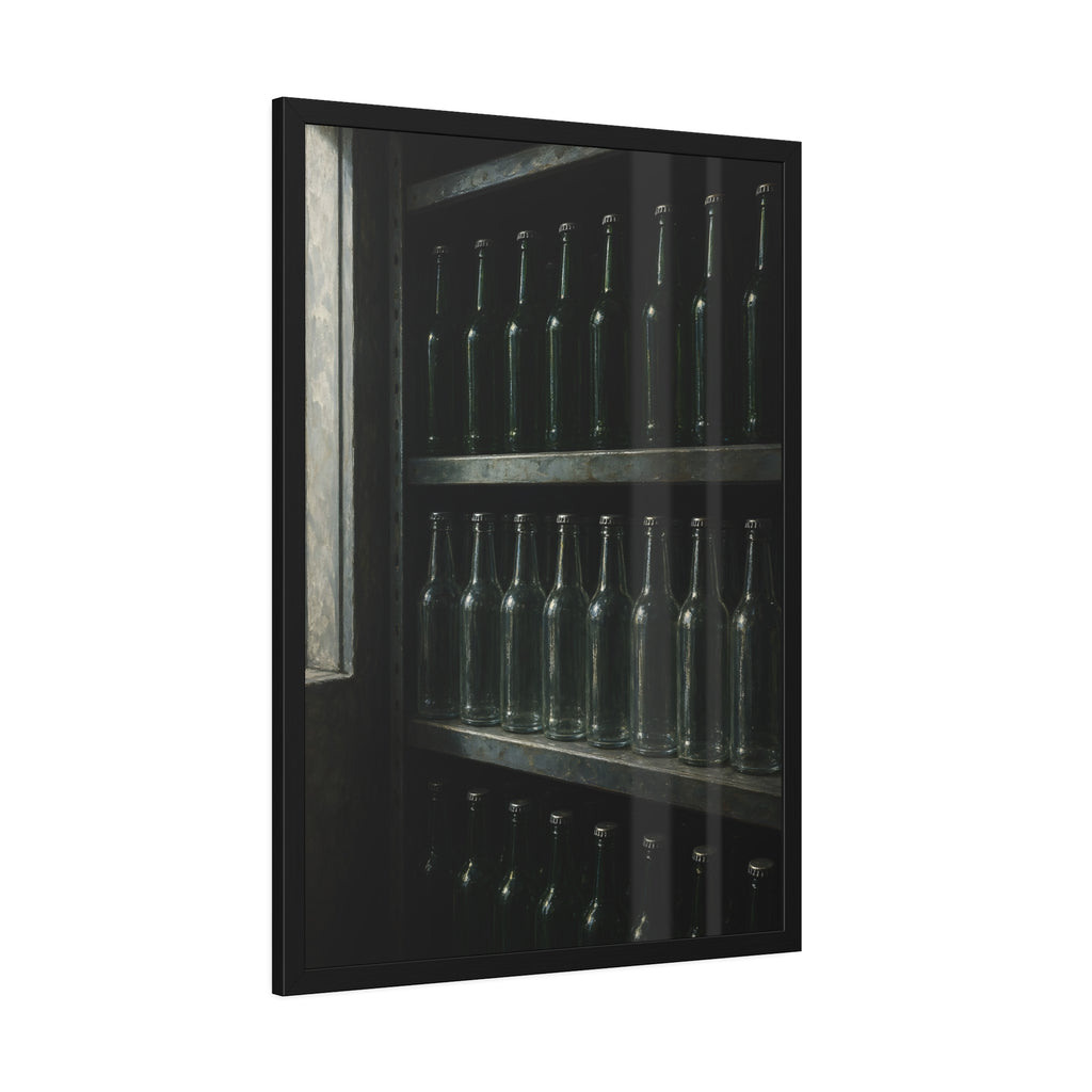 Rows of empty bottles on dim metal shelves, green above and clear below. The Shelf of New Bottles by Garabaggio, framed fine art print hanging in a room.