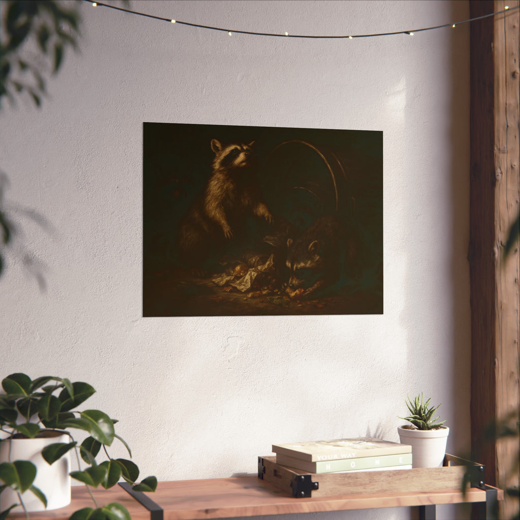Raccoons feeding on scraps around a tipped metal trash can in the dark. The Calling of St. Trash by Garabaggio, fine art print hanging in a room.