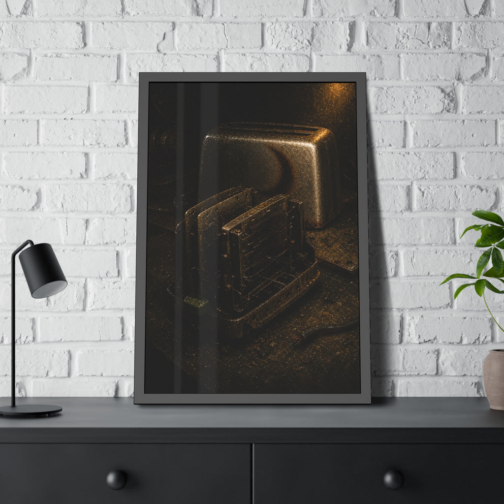 A toaster with its side panel opened to expose the heating elements. The Opening of the Shell by Garabaggio, framed fine art print hanging in a room.