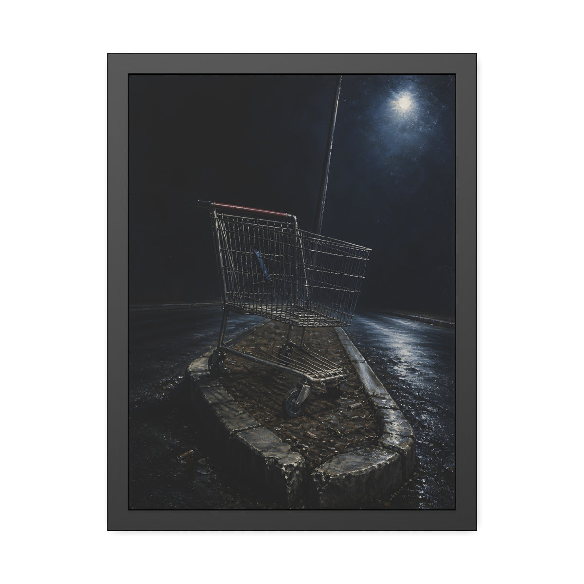 A shopping cart stranded on a stone median under a streetlight. The Crossing of the Median by Garabaggio, framed fine art print, 18″ x 24″.