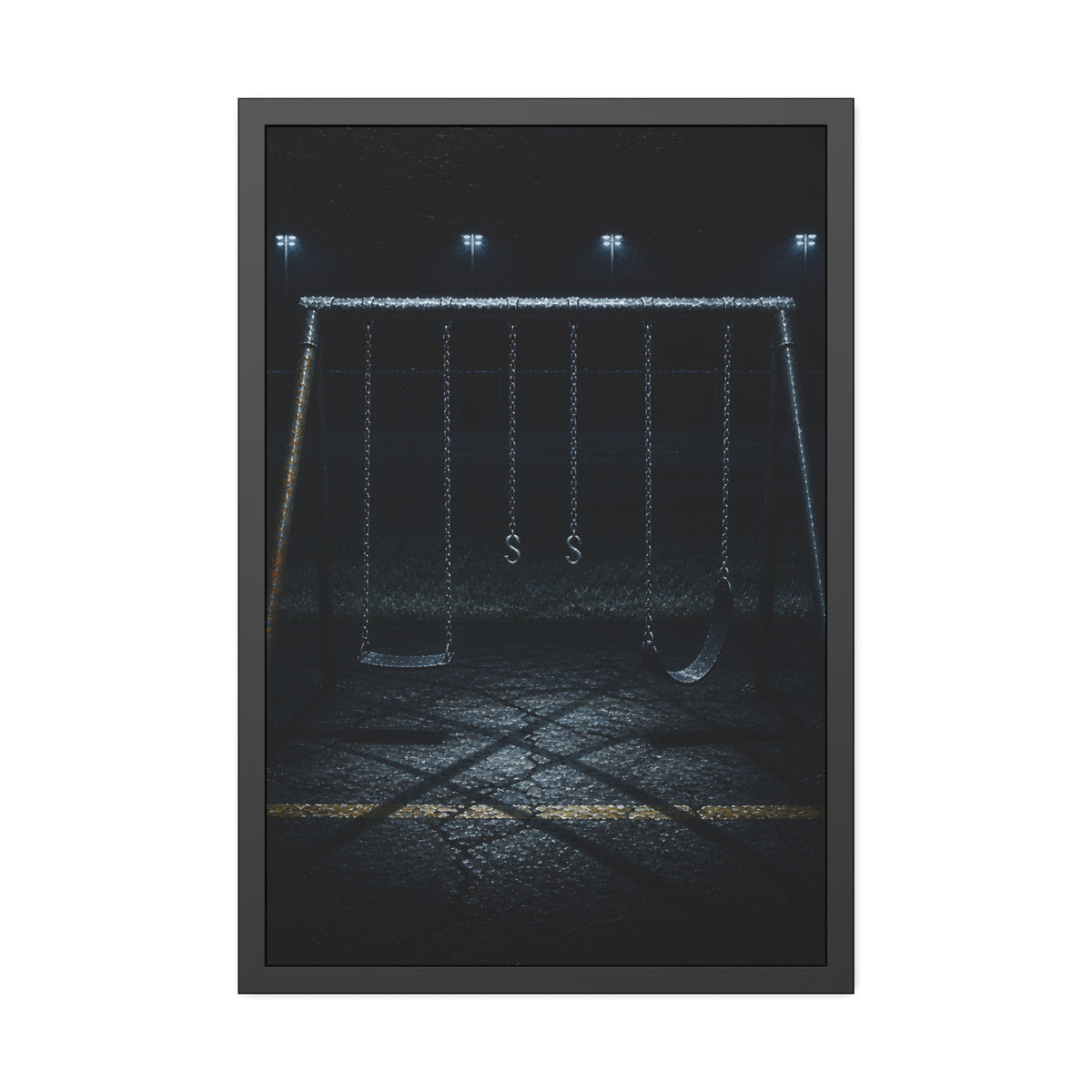 An empty swing set at night, chains still, floodlights far behind it. The Tenth Hour: The Chains Settle by Garabaggio, framed fine art print, 24″ x 36″.