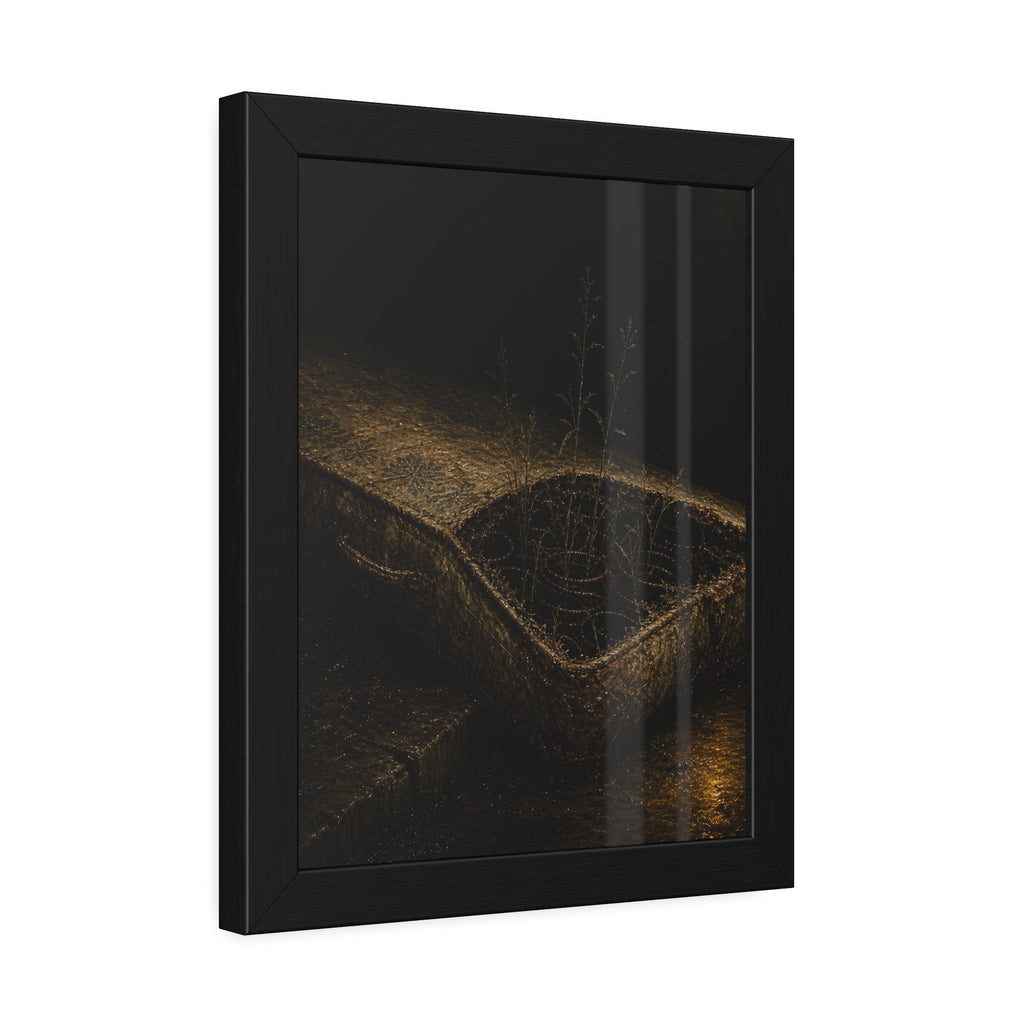 Weeds growing through a torn mattress left at a wet curb at night. The Rooting of Weeds by Garabaggio, framed fine art print hanging in a room.