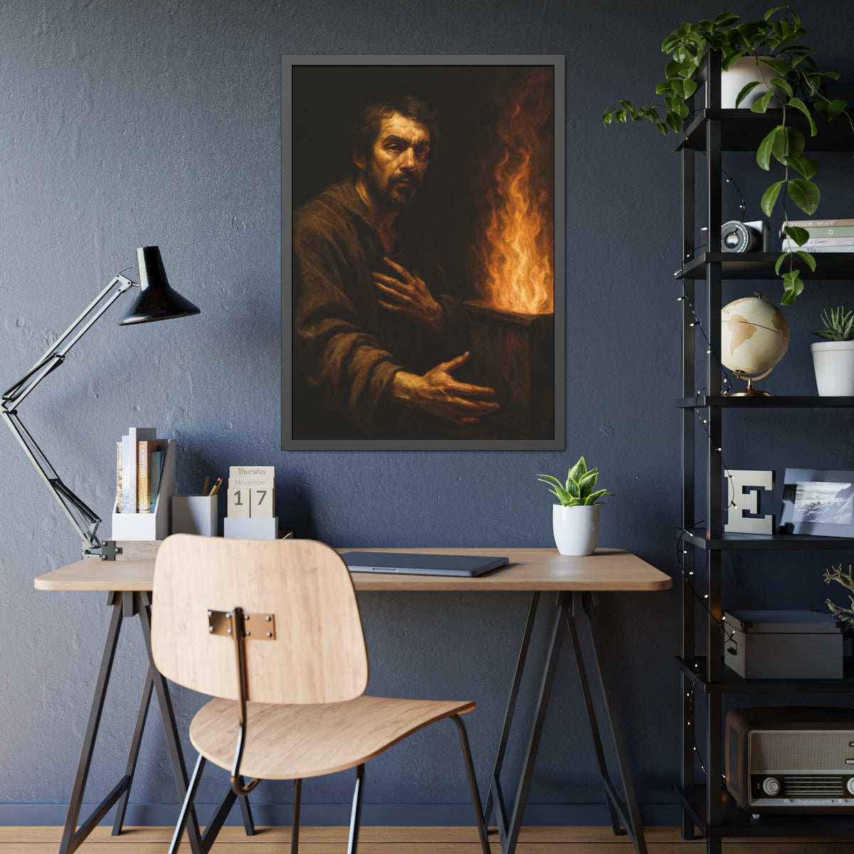 Bearded man with a hand on his chest beside flames rising from a bin. Self-Portrait as a Penitent by Garabaggio, framed fine art print hanging in a room.