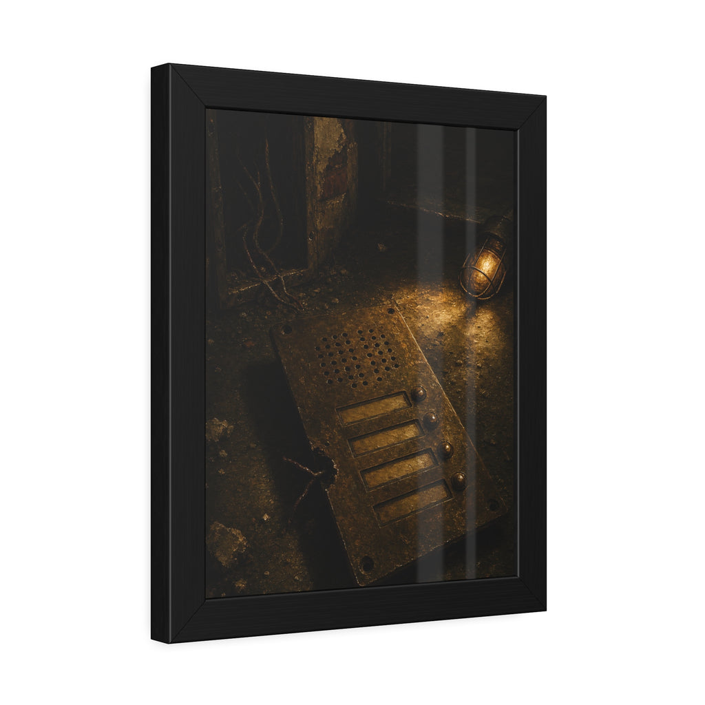 An intercom panel face up on a floor, wires cut, lit by a work lamp. The Plate Taken Down by Garabaggio, framed fine art print hanging in a room.