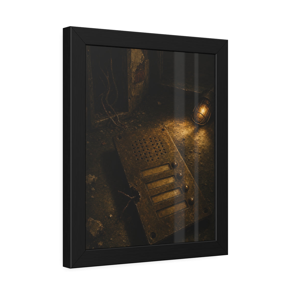 An intercom panel face up on a floor, wires cut, lit by a work lamp. The Plate Taken Down by Garabaggio, framed fine art print hanging in a room.