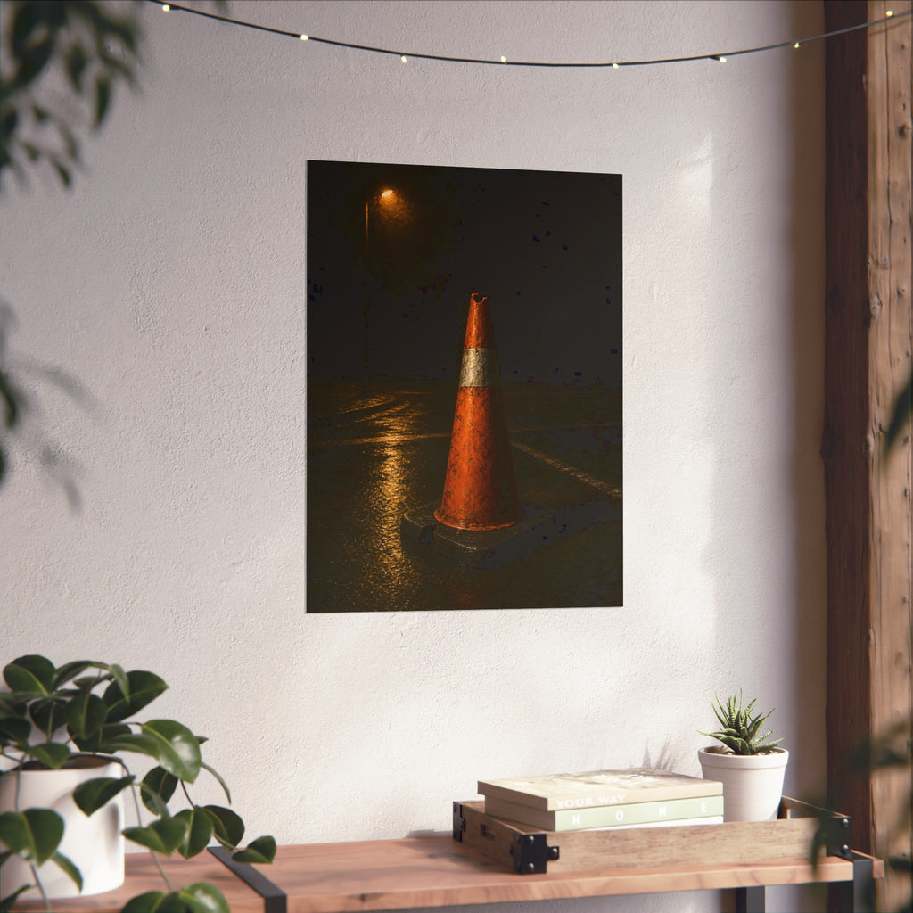 A battered orange traffic cone on wet asphalt under a street lamp. The Warning Without Danger by Garabaggio, fine art print hanging in a room.