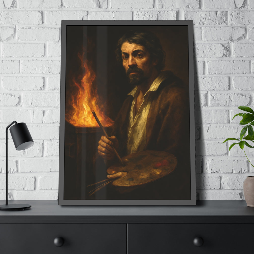 Man holding a palette and brushes, a fire behind him. Self-Portrait with Palette (After Caravaggio) by Garabaggio, framed fine art print hanging in a room.