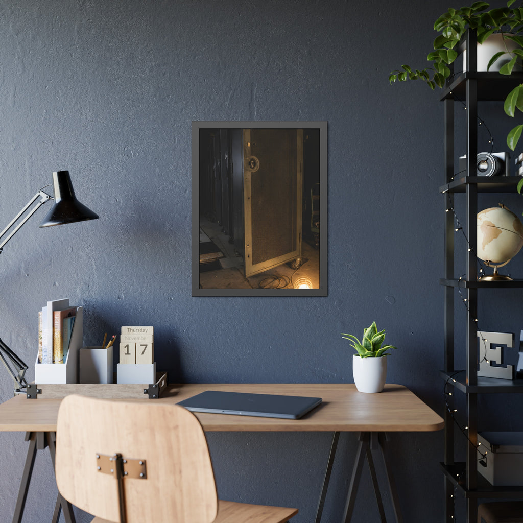 A perforated server rack door in a dark aisle lit by a floor work lamp. The Cold Aisle by Garabaggio, framed fine art print hanging in a room.