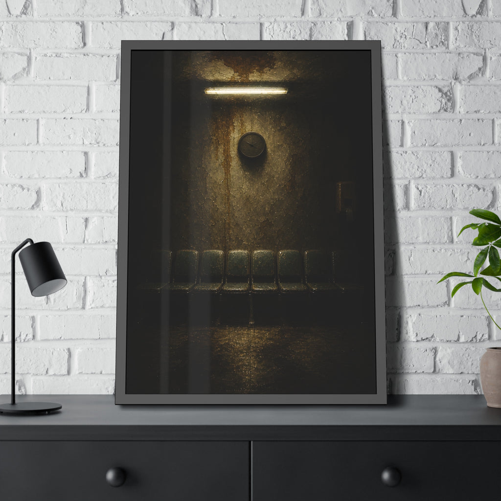 Empty waiting room seats below a stained wall clock and a strip light. Afternoon Without Movement by Garabaggio, framed fine art print hanging in a room.