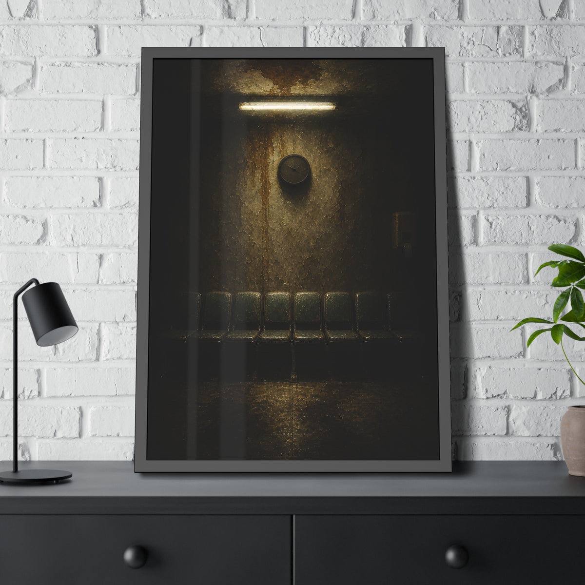 Empty waiting room seats below a stained wall clock and a strip light. Afternoon Without Movement by Garabaggio, framed fine art print hanging in a room.