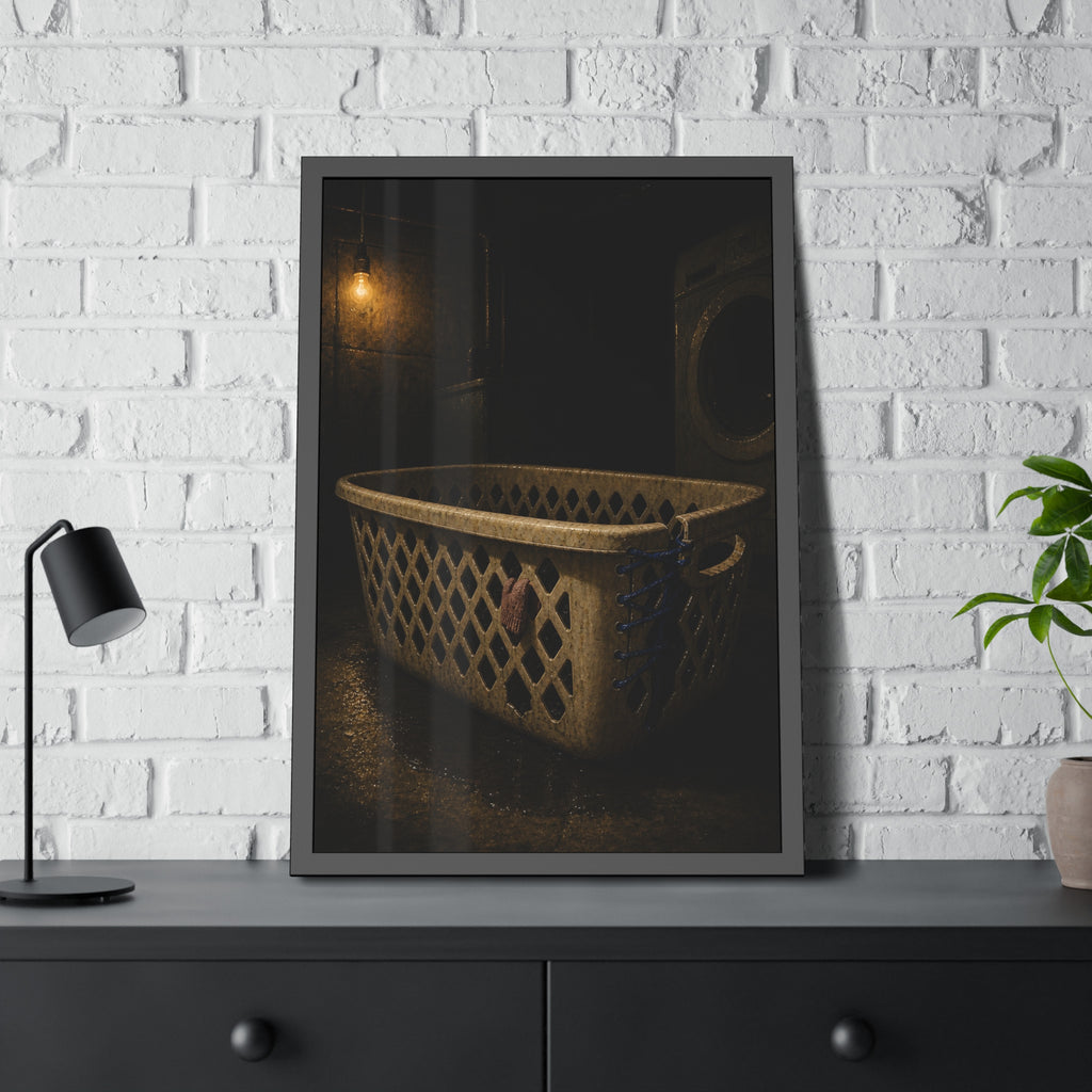 A laundry basket laced shut with blue cord under a bare bulb. The Binding with Blue Cord by Garabaggio, framed fine art print hanging in a room.