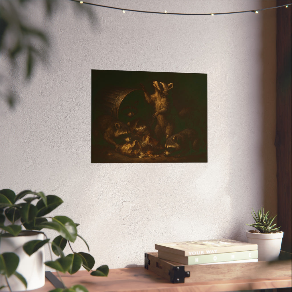 Raccoons around a fallen trash can, one rearing up with a raised paw. The Supper of Shadows by Garabaggio, fine art print hanging in a room.