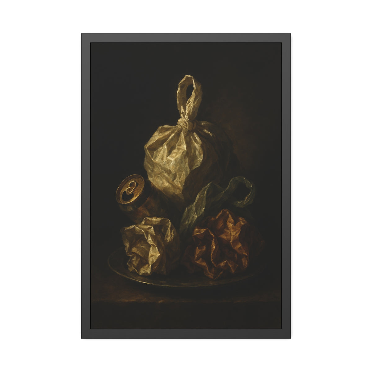 Knotted plastic bag on a plate with crumpled wrappers and a crushed can. Communion of the Knotted Bag by Garabaggio, framed fine art print hanging in a room.