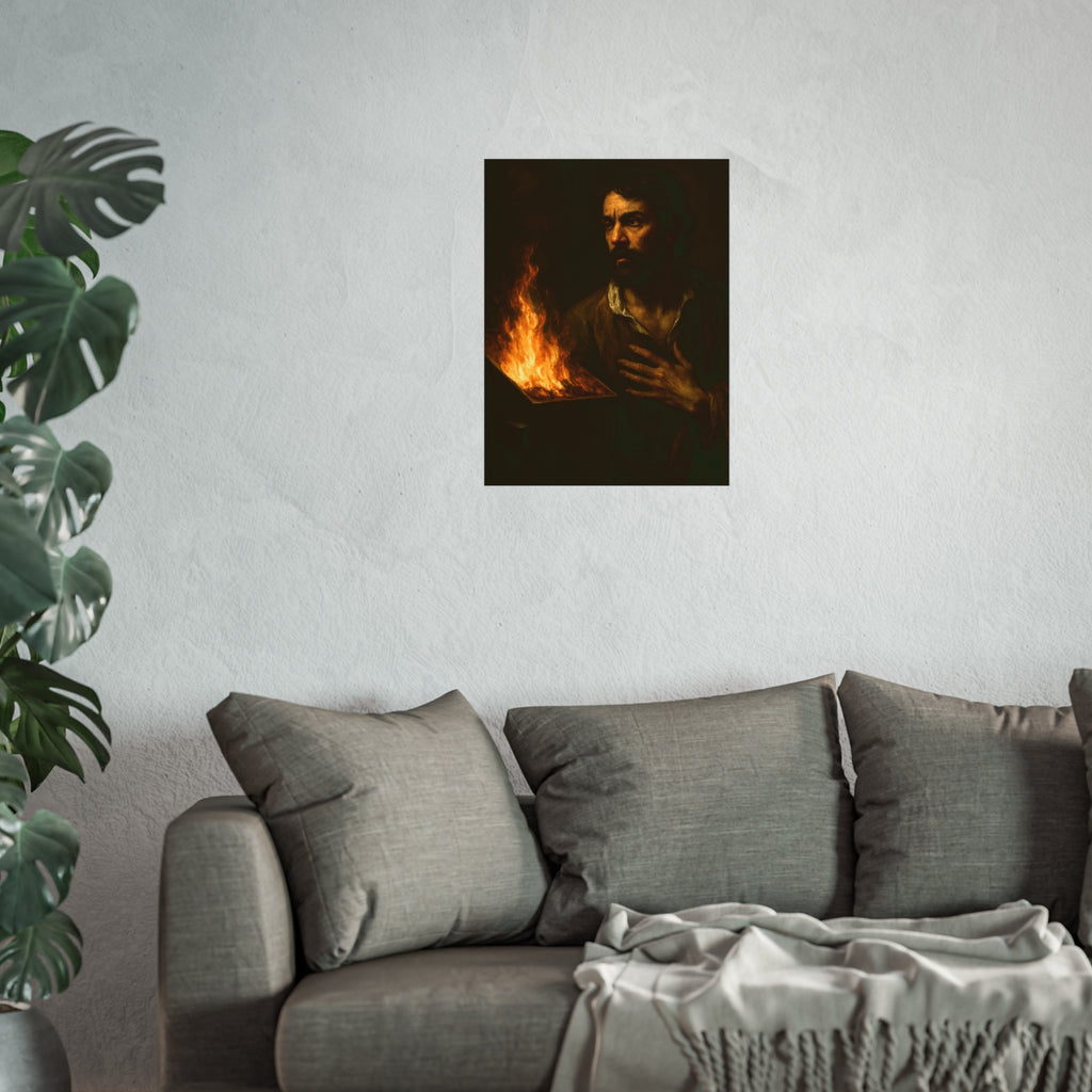 Man with a hand flat on his chest looking toward a low burning bin. Self-Portrait with Oath by Garabaggio, fine art print hanging in a room.