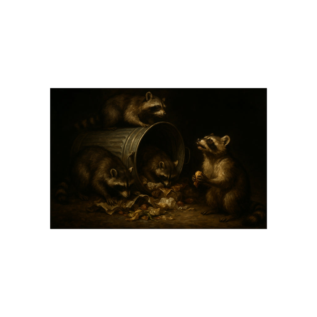Four raccoons around a toppled metal trash can in the dark. The Last Bite by Garabaggio, fine art print hanging in a room.