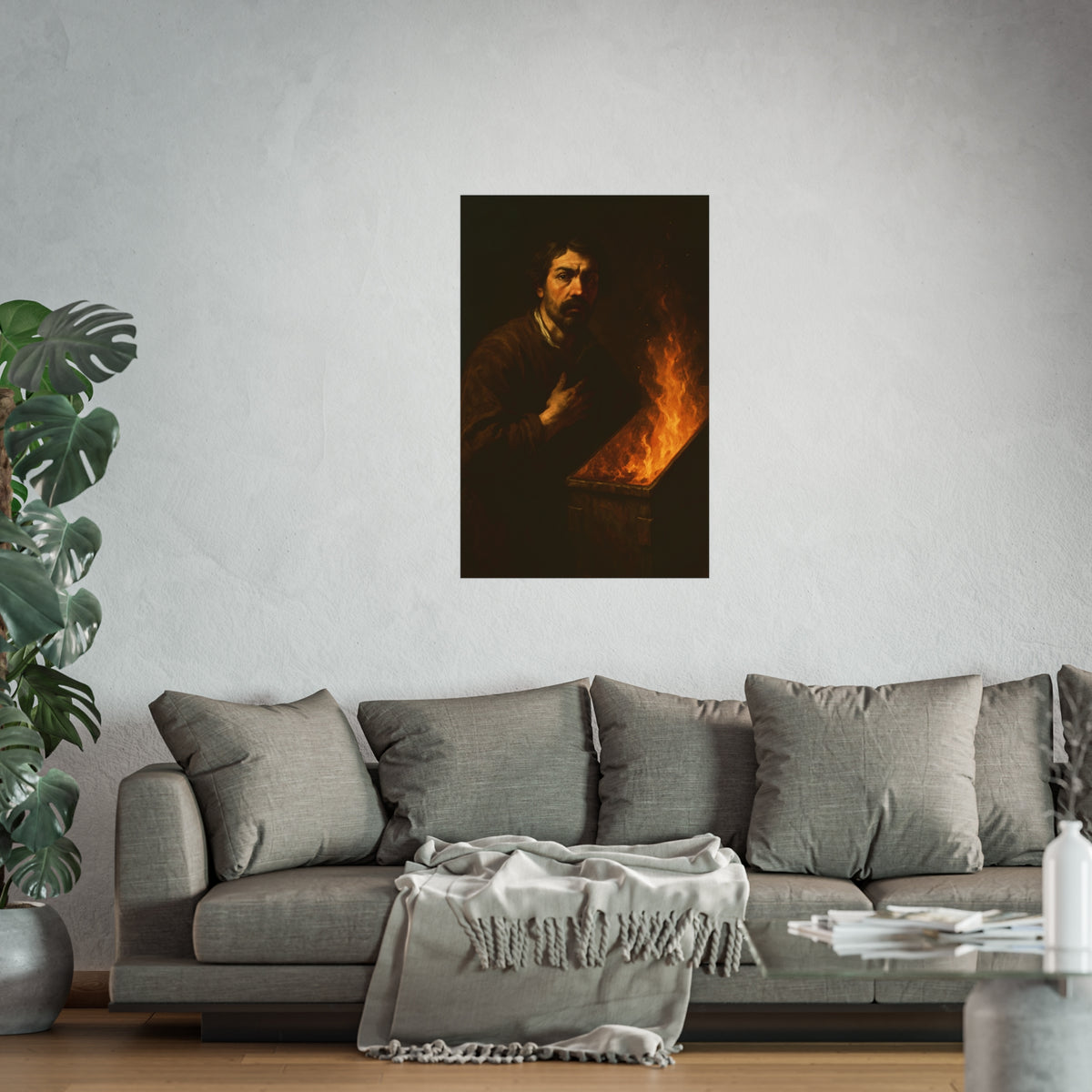 Man with a hand on his chest as flames run the length of a dumpster. Self-Portrait in the Final Hour by Garabaggio, fine art print hanging in a room.