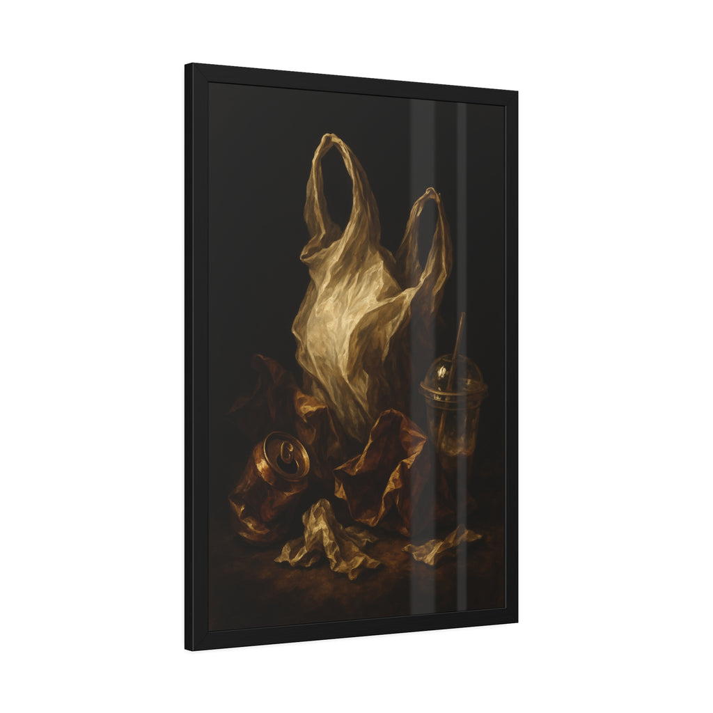 A plastic bag held open above a crushed can and a plastic cup with straw. The Apparition of the Bag by Garabaggio, framed fine art print hanging in a room.