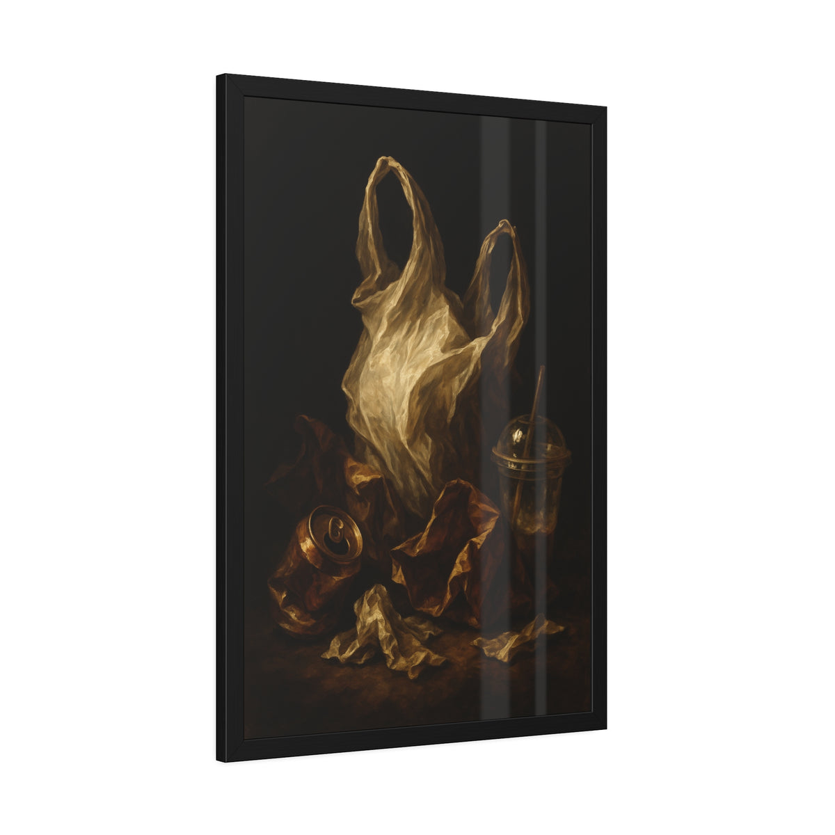 A plastic bag held open above a crushed can and a plastic cup with straw. The Apparition of the Bag by Garabaggio, framed fine art print hanging in a room.