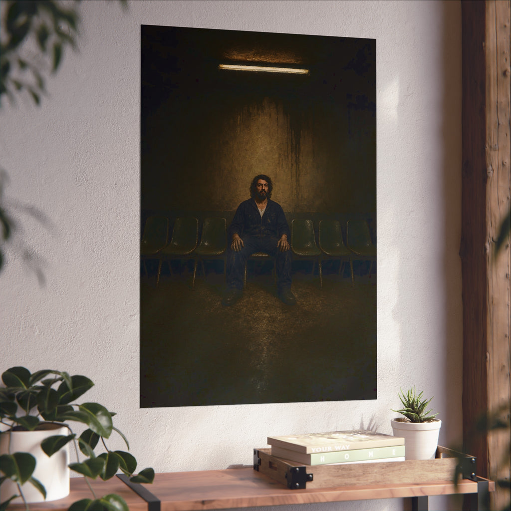 A man sits in the middle of a row of empty chairs under a wall light. Garabaggio Takes the Middle Chair by Garabaggio, fine art print hanging in a room.