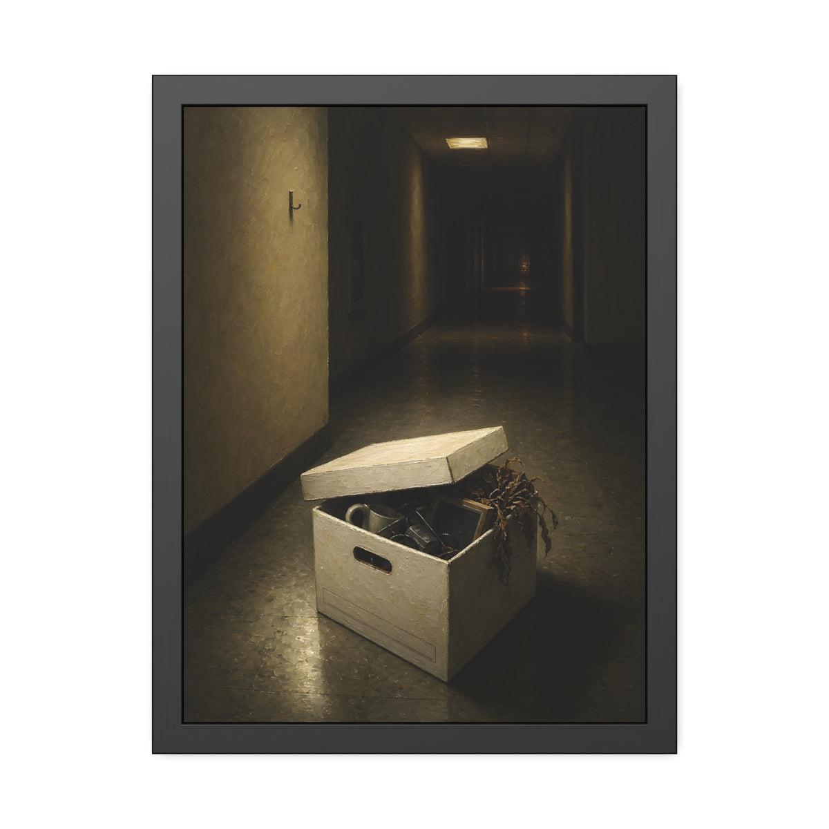 An open box of desk items on the floor of a dim office hallway. The Box of Personal Effects by Garabaggio, framed fine art print, 18″ x 24″.