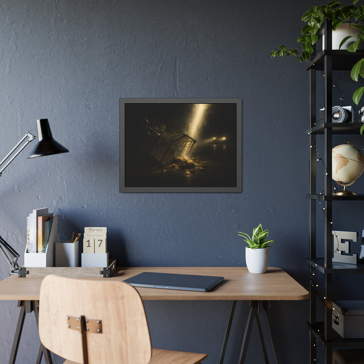 A tipped shopping cart spilling groceries in a shaft of light. The Conversion of the Shopping Cart by Garabaggio, framed fine art print hanging in a room.