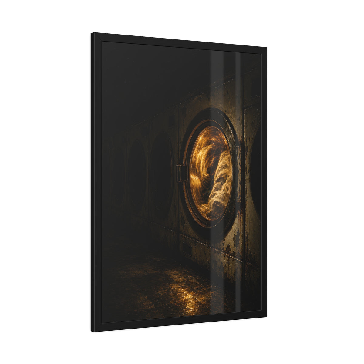A row of dryers with one drum lit and tumbling in a dark laundromat. The Last Dryer Turning by Garabaggio, framed fine art print hanging in a room.