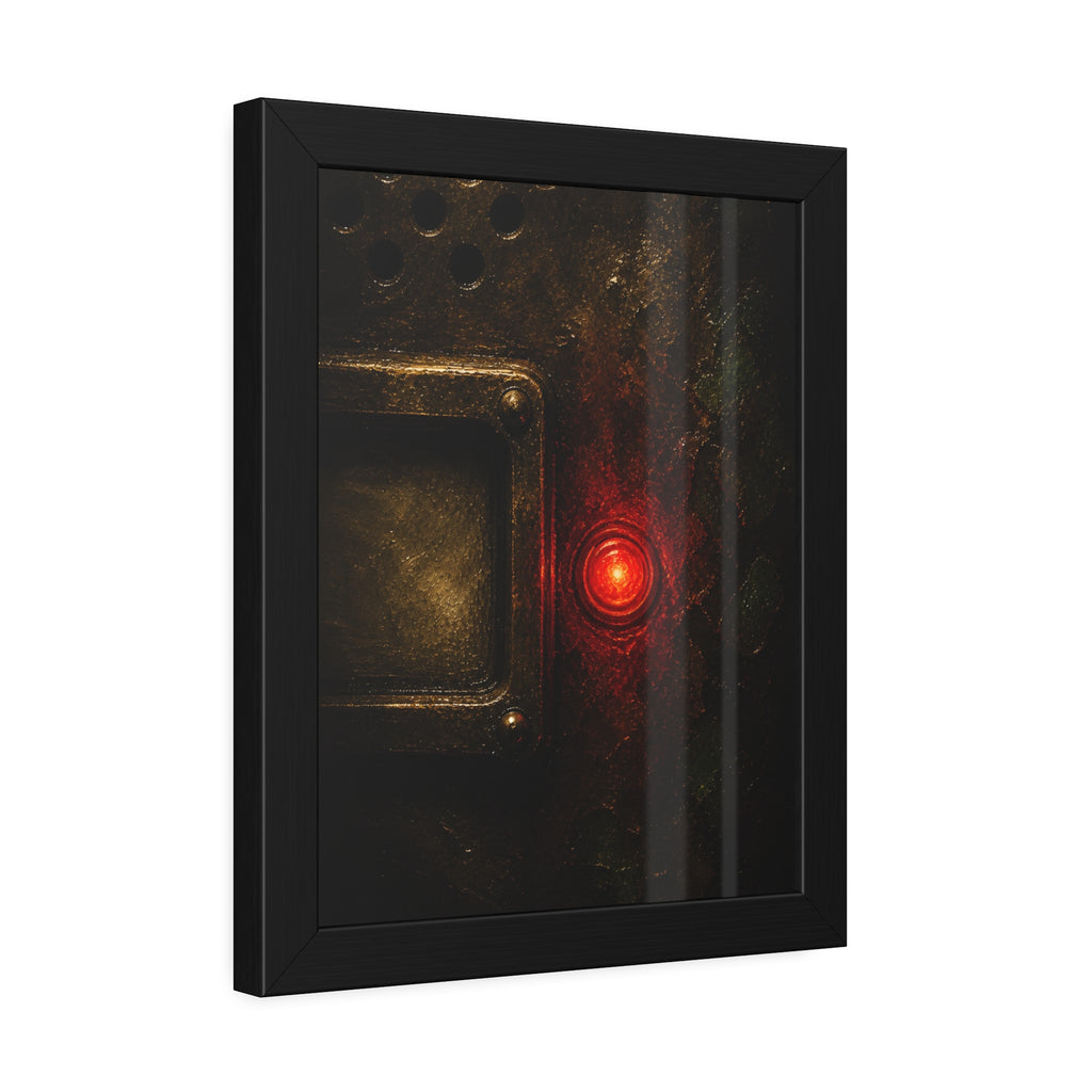 Close view of an intercom panel with one red button glowing in the dark. The Stuck Red Light by Garabaggio, framed fine art print hanging in a room.