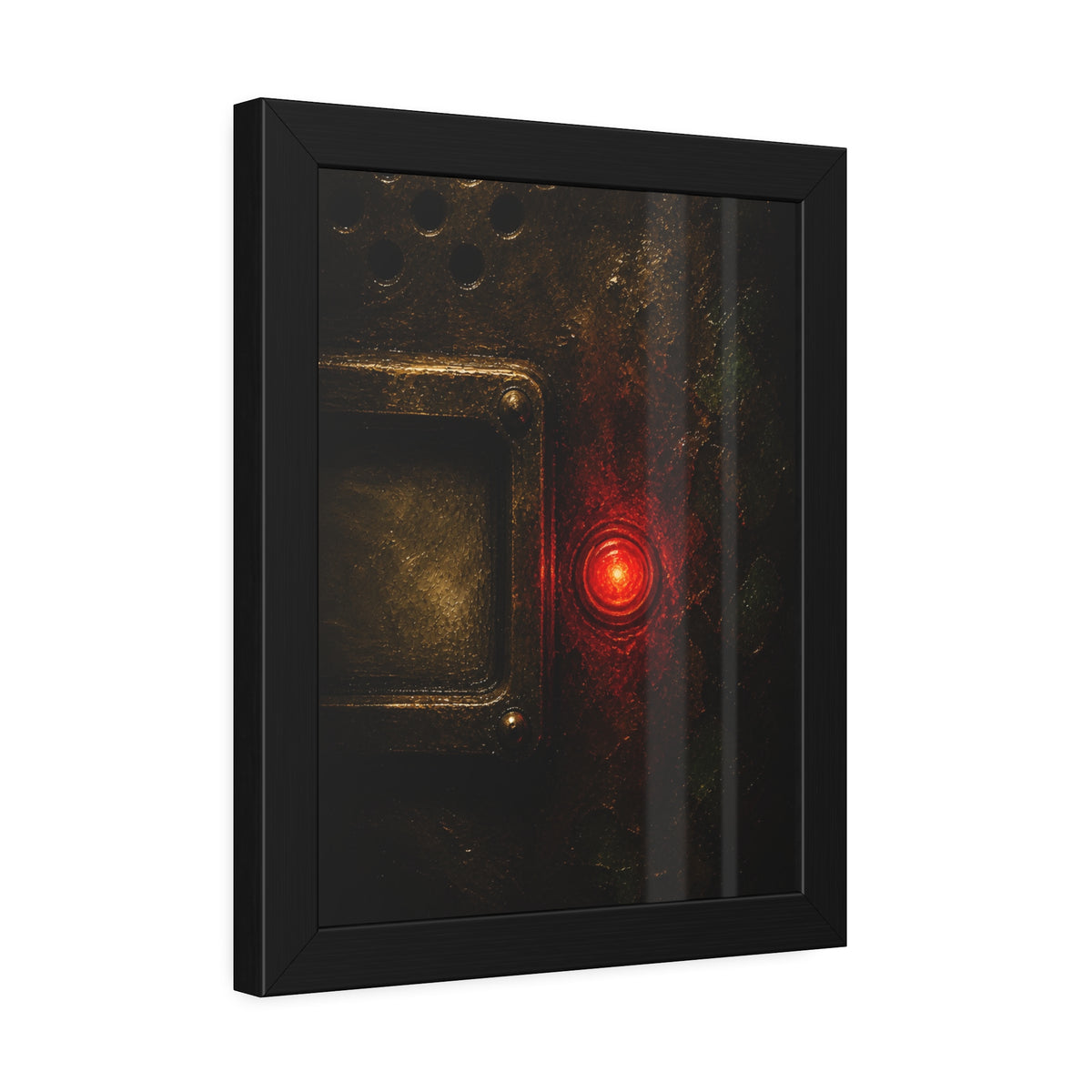 Close view of an intercom panel with one red button glowing in the dark. The Stuck Red Light by Garabaggio, framed fine art print hanging in a room.