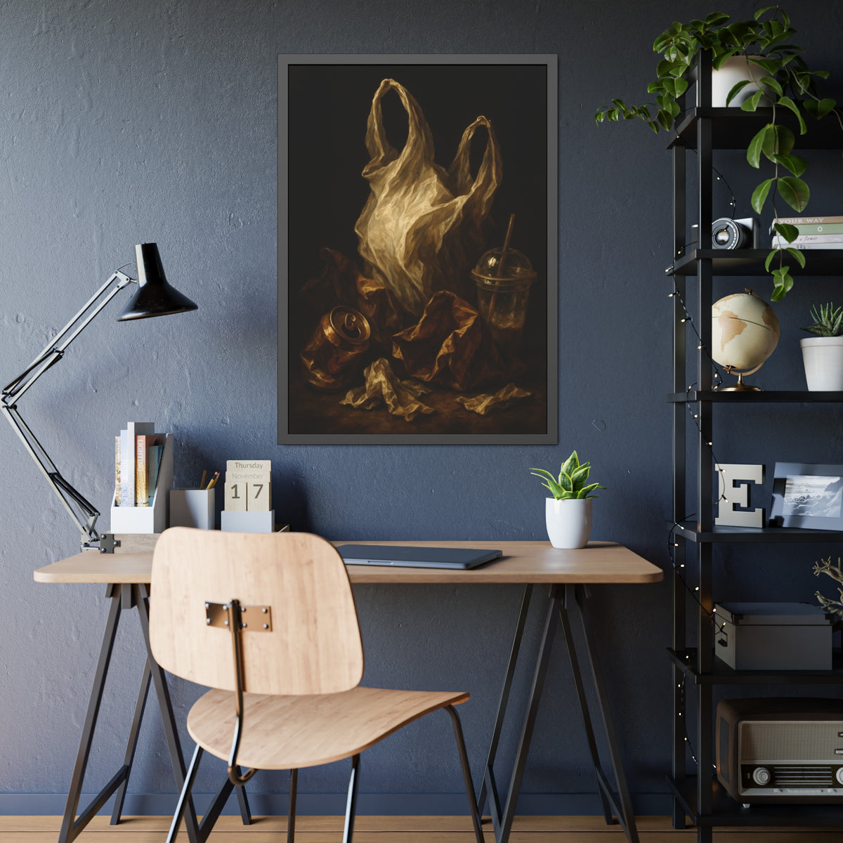A plastic bag held open above a crushed can and a plastic cup with straw. The Apparition of the Bag by Garabaggio, framed fine art print hanging in a room.