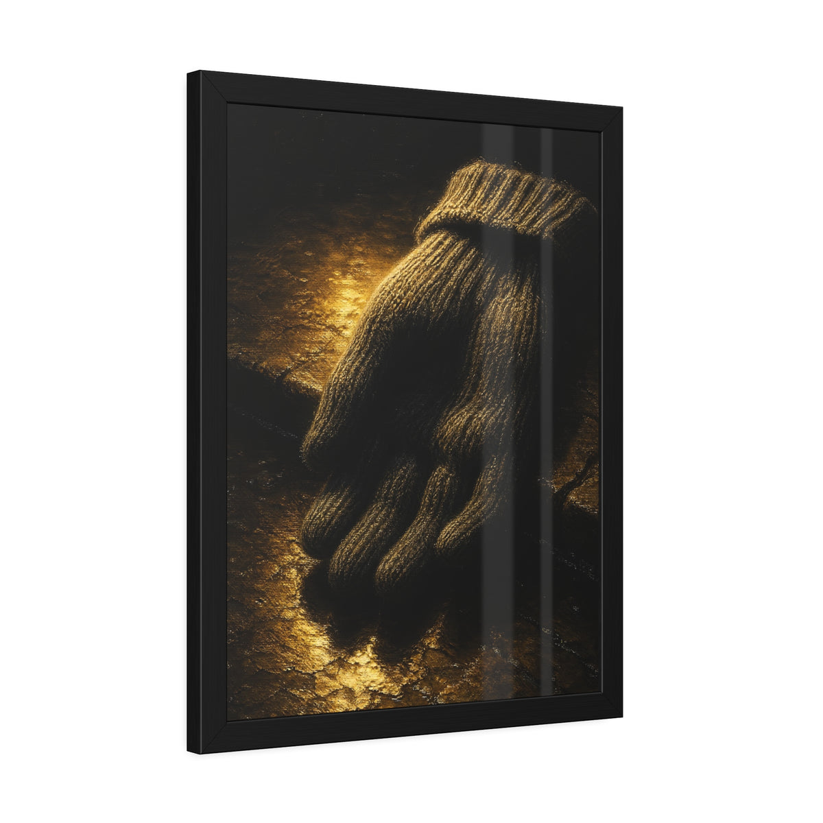 A knitted wool glove palm down on wet stone in gold light. The Presentation of the Woolen Glove by Garabaggio, framed fine art print hanging in a room.